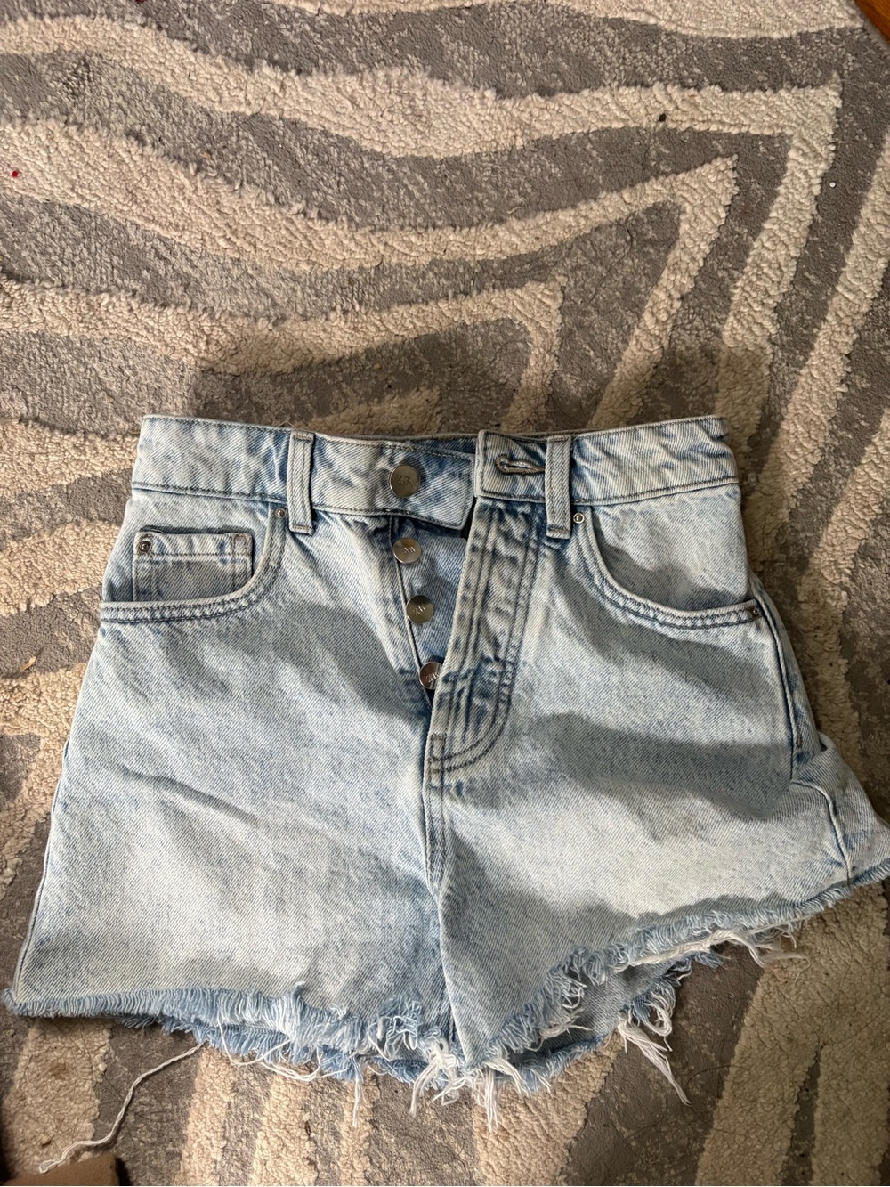 Zara Light Blue High-Rise Button-Fly Denim Shorts